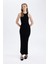 Bodycon Vücudu Saran Halter Yaka Basic Düz Fitilli Kaşkorse Kolsuz Maxi Siyah Elbise A4828AX24WN 3