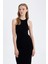 Bodycon Vücudu Saran Halter Yaka Basic Düz Fitilli Kaşkorse Kolsuz Maxi Siyah Elbise A4828AX24WN 4
