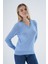 Kadın Mavi %100 Organik Pamuk V Yaka Triko Kazak Bluz TRIST-6102 2