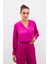 V Yaka Saten Bluz - Fuşya 3