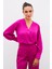 V Yaka Saten Bluz - Fuşya 4