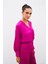 V Yaka Saten Bluz - Fuşya 5