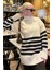 Krem Oversize Balıkçı Yaka Çizgili Kazak MG2168 2