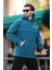 Petrol Mavisi Kapüşonlu Şerit Detaylı Baskılı Erkek Sweatshirt 7091 1