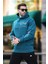 Petrol Mavisi Kapüşonlu Şerit Detaylı Baskılı Erkek Sweatshirt 7091 2