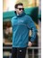 Petrol Mavisi Kapüşonlu Şerit Detaylı Baskılı Erkek Sweatshirt 7091 3