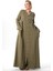 Uzun Kol Cennet Hakim Yaka Düğme Detaylı Sonbahar ve Kışlık Cepli Double Müslin Ferace Haki Hk 5