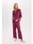Fall in Love Pijama Takım Basic Düz Saten Uzun Kollu Üst Beli Lastikli Alt D6940AX24AU 2