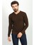 Düz Kahverengi Slim Fit Erkek V Yaka Kazak 1