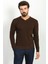 Düz Kahverengi Slim Fit Erkek V Yaka Kazak 3