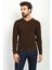 Düz Kahverengi Slim Fit Erkek V Yaka Kazak 4