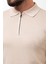 Düz Bej Slim Fit Fermuarlı Polo Yaka Erkek Triko Kazak 2