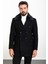 Desenli Siyah Slim Fit Kürklü Geniş Yaka Kruvaze Yün Erkek Kaban 4