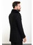 Desenli Siyah Slim Fit Kürklü Geniş Yaka Kruvaze Yün Erkek Kaban 5