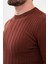 Çizgili Kiremit Rengi Slim Fit Bisiklet Yaka Erkek Triko Kazak 2