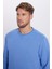 Relax Fit Rahat Kesim Pamuklu Basic Indigo Renk Bisiklet Yaka Sweatshirt 3