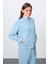 Açık Mavi Kompakt Pamuklu Kalın Pürüzsüz Dokulu Dik Yaka Oversize Fit Kadın Eşofman Takım - 95340 2