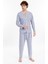 Erkek Uzun Kol Desenli Boydan Düğmeli Pijama Takımı Gri 6