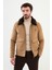 Desenli Kamel Slim Fit Torba Cep Kürklü Yaka Yün Erkek Mont 1
