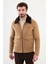 Desenli Kamel Slim Fit Torba Cep Kürklü Yaka Yün Erkek Mont 3