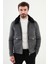Desenli Gri Slim Fit Torba Cep Kürklü Yaka Yün Erkek Mont 1