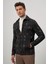 Siyah Örme Bebe Yaka Kendinden Desenli Yırtmaçsız Astarsız Slim Fit Classic Mont 1007245157 5