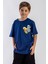 Bisiklet Yaka Kısa Kol Canavar Baskılı Indigo Renk Erkek Çocuk Tshirt 1
