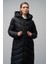 Kapüşonlu Uzun Şişme Mont Kadınlar İçin Kalın Polyester Siyah Desen Detaylı 2024 Sonbahar-Kış 2