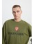Erkek Haki Harvard Lisanslı 3 İplik Pamuklu Oversize Fit Bol Kesim Bisiklet Yaka Sweatshirt 5