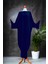 Uzun Mavi V Yaka Oversize Kaftan Elbise - Yanları Yırtmaçlı Elbise - Ön ve Arka Yüzü Giyilebilir 1