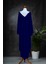 Uzun Mavi V Yaka Oversize Kaftan Elbise - Yanları Yırtmaçlı Elbise - Ön ve Arka Yüzü Giyilebilir 2