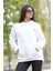 Beyaz Nakış Detaylı Kapüşonlu Oversize Kadın Sweatshirt Kanguru Cepli Pamuk Karışımlı Hoodie - 25105 2