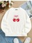 Unisex Oversize Bisiklet Yaka Basic Ribbom Cherry Baskılı Sweatshirt - Ekru 1