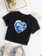 Kadın Kısa Kollu Basic Dar Kalıp Ocean Heart Baskılı Crop T-Shirt - Siyah 1