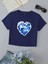 Kadın Kısa Kollu Basic Dar Kalıp Ocean Heart Baskılı Crop T-Shirt - Indigo 1