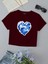 Kadın Kısa Kollu Basic Dar Kalıp Ocean Heart Baskılı Crop T-Shirt - Bordo 1