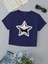 Kadın Kısa Kollu Basic Dar Kalıp Shining Metallic Star Baskılı Crop T-Shirt - Indigo 1