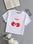 Kadın Kısa Kollu Basic Dar Kalıp Ribbon Cherry Baskılı Crop T-Shirt - Beyaz 1