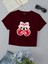 Kadın Kısa Kollu Basic Dar Kalıp Ribbon Cherry Baskılı Crop T-Shirt - Bordo 1