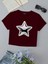 Kadın Kısa Kollu Basic Dar Kalıp Shining Metallic Star Baskılı Crop T-Shirt - Bordo 1