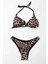 Kadın Siyah Leopar Ip Bağlamalı Astarlı Üçgen Bikini Takım HZL24S-LC204 1