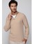 Slim Fit Dar Kesim Dik Yaka Fermuarlı Desenli Bej Erkek Triko Kazak 1