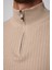 Slim Fit Dar Kesim Dik Yaka Fermuarlı Desenli Bej Erkek Triko Kazak 4
