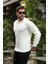 Modern Fit Polo Yaka Çizgili Triko Kazak - Ekru 1