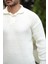 Modern Fit Polo Yaka Çizgili Triko Kazak - Ekru 4