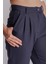 Kadın Yandan Cepli Arka Cep Fleto Beli Lastikli ve Pilili Slim Fit Pantolon Lacivert 5