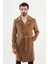 Düz Bej Slim Fit Geniş Yaka Kuşaklı Kruvaze Kaşe Uzun Erkek Kaban 1