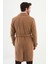 Düz Bej Slim Fit Geniş Yaka Kuşaklı Kruvaze Kaşe Uzun Erkek Kaban 5