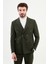 Çizgili Haki Slim Fit Geniş Yaka Kruvaze Klasik Erkek Takım Elbise 1