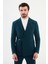 Düz Petrol Rengi Slim Fit Kemer Detaylı Geniş Yaka Kruvaze Erkek Takım Elbise 1